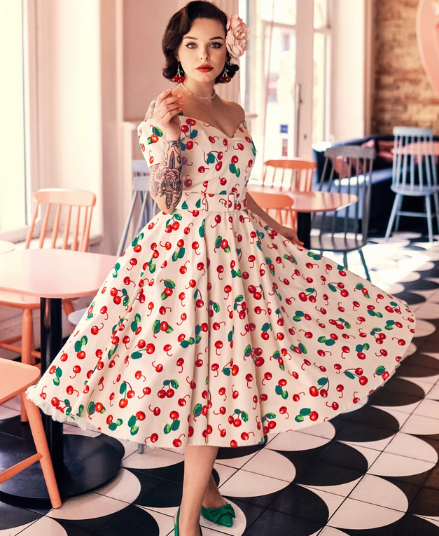 Vintage pin-up cherry print swing dress with off-shoulder cut