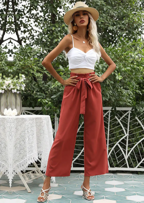 Women's Wide Leg High Waisted Cropped Trousers
